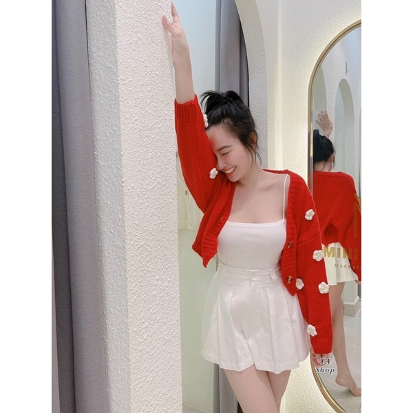 Áo khoác len nữ cadigan bông hoa nổi, hai màu đỏ trắng mới về