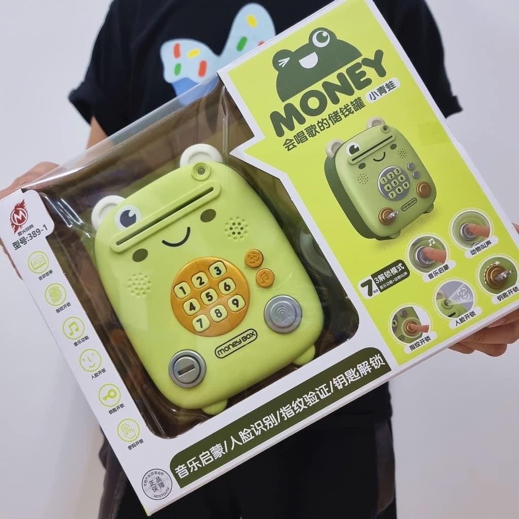 Đồ chơi két sắt điện tử mini thông minh cho bé ếch xanh có đèn và nhạc đựng tiền tiết kiệm tự động PAPAZUM