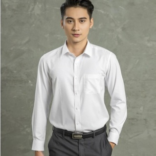 Áo sơ mi nam dài tay ARISTINO ALS26309 somi công sở vải sợi tre cao cấp màu trắng dệt hình dáng Suông tà lượn có túi