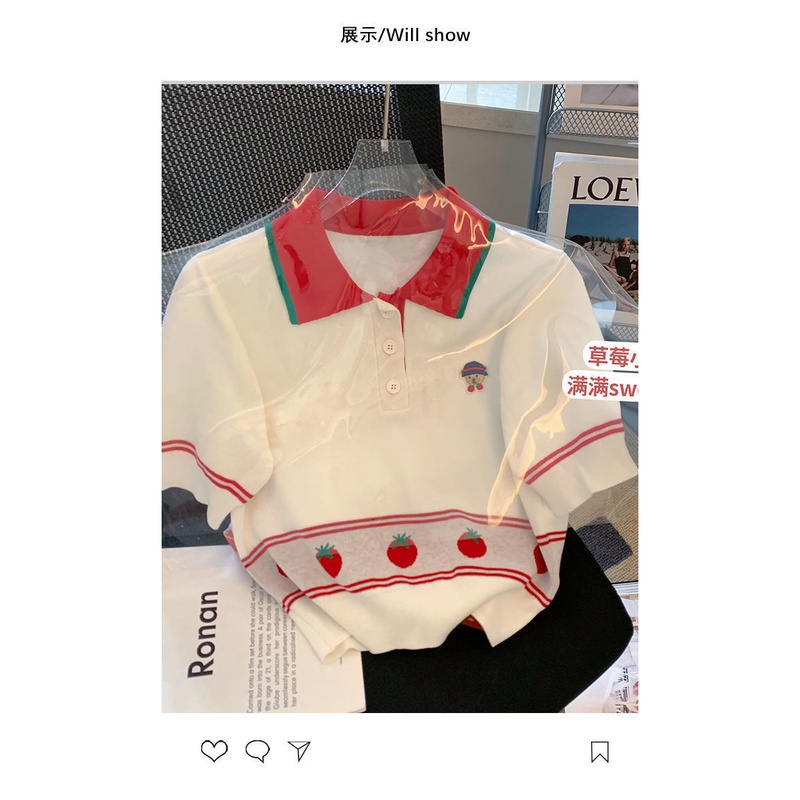 Áo thun tay ngắn dệt kim dáng ngắn cổ polo hoạ tiết dâu tây phong cách phương Tây thời trang mùa hè 2022 cho nữ