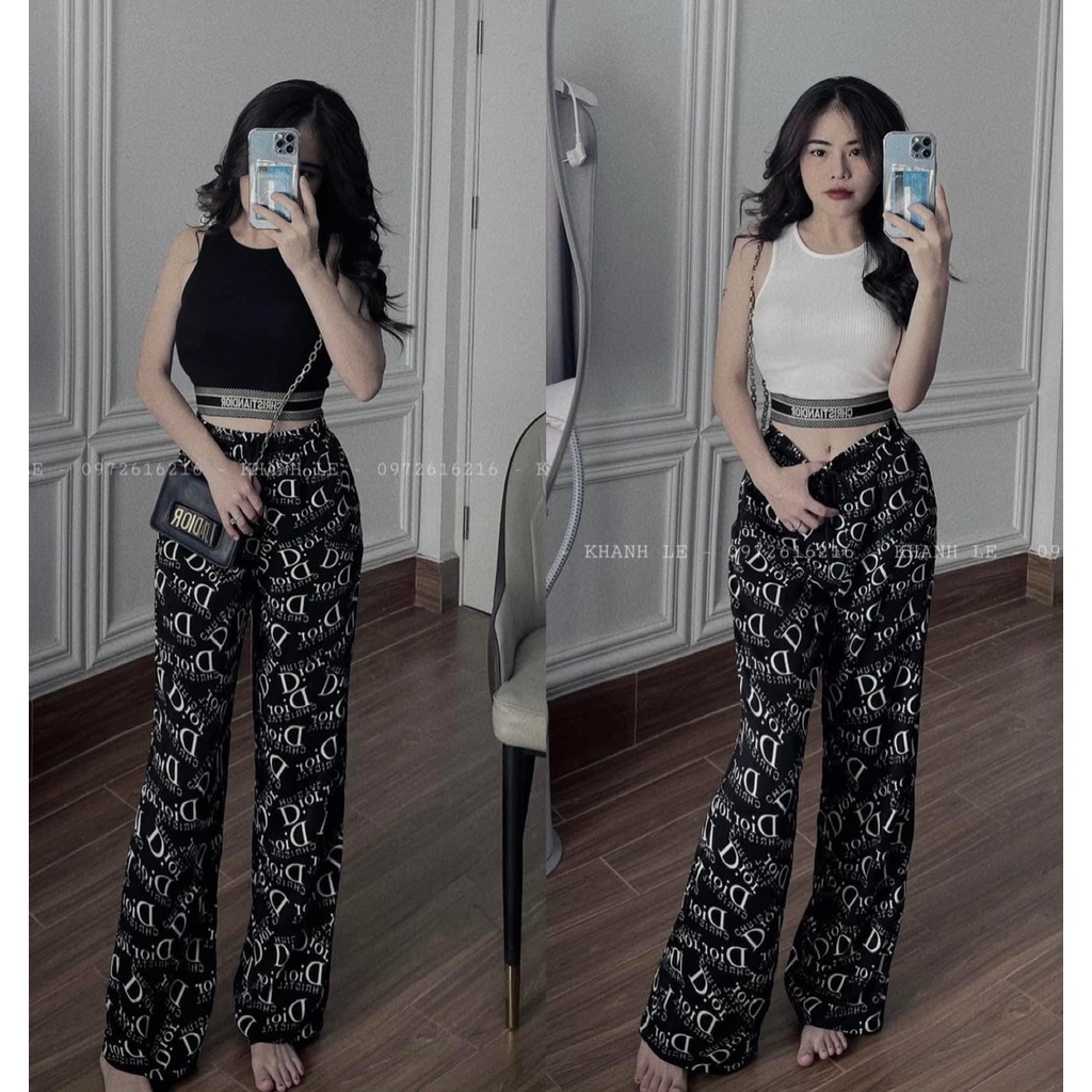 Set bộ croptop bo dệt chữ quần ống rộng họa tiết chữ DN100