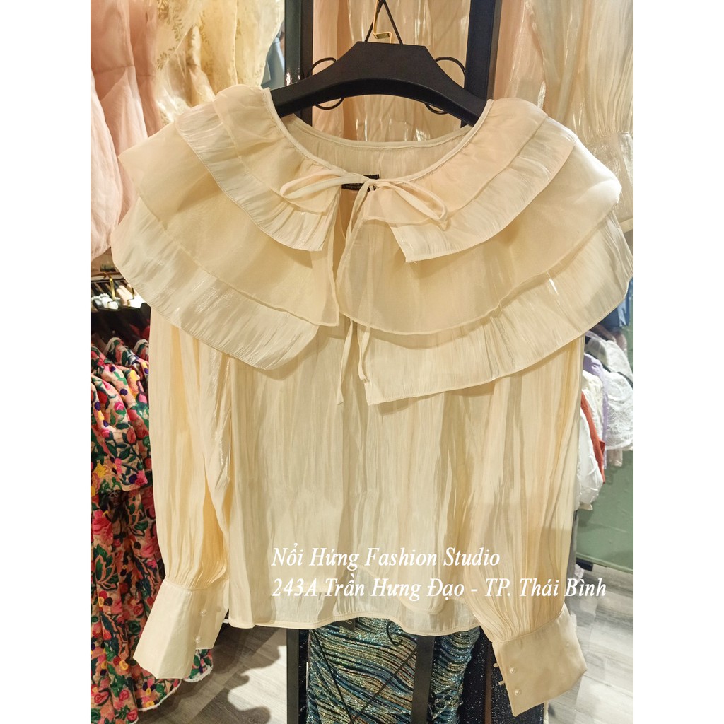 áo freesize somi kiểu cách điệu cổ bèo nhiều tầng dài tay công sở màu kem be đẹp xinh trẻ trung thiết kế chuẩn xịn | BigBuy360 - bigbuy360.vn