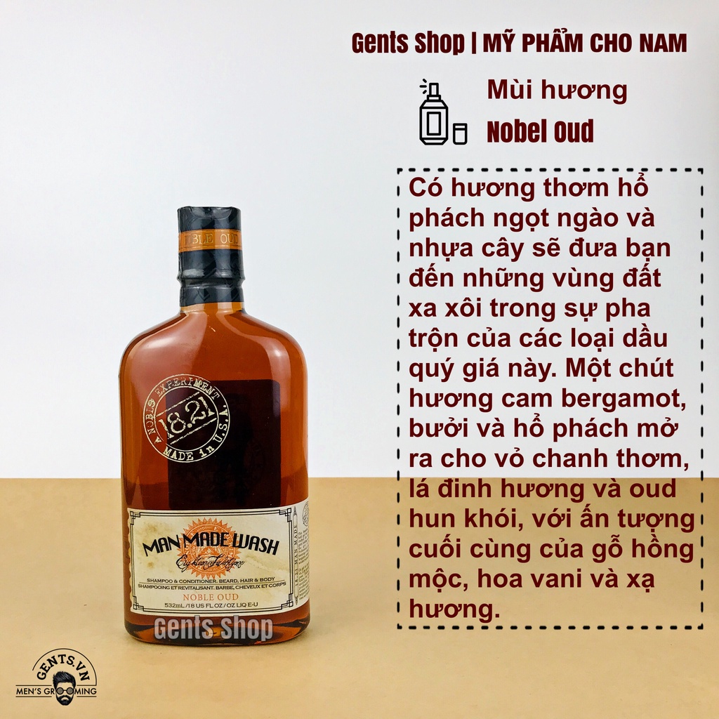 Sữa tắm, dầu gội xả 3in1 cho nam 18.21 Man Made Wash Noble Oud 532ml/950ml hương nước hoa thơm lâu