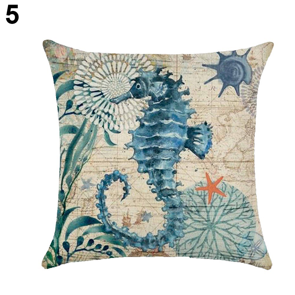 Gối tựa cổ điển in hình vỏ sò, cá heo, rùa biển trang trí ghế sofa, giường ngủ 18inch