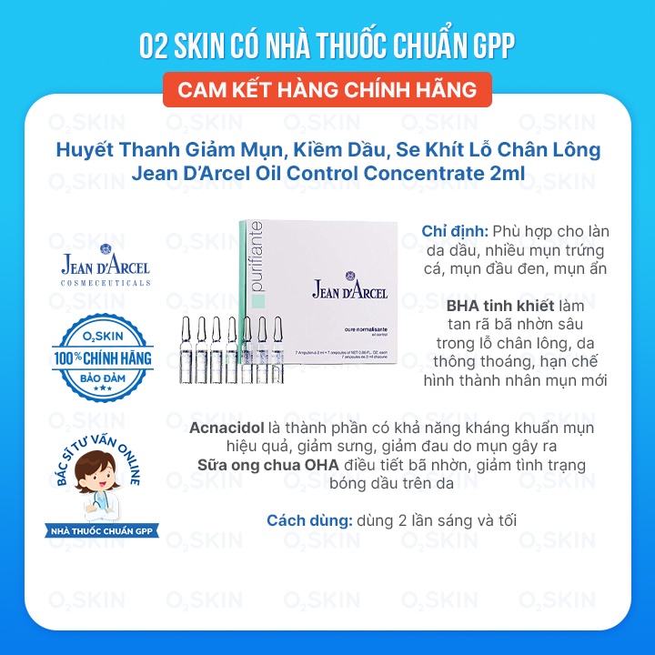 Huyết Thanh Giảm Mụn, Kiềm Dầu, Mờ Thâm Mụn Jean D'Arcel Oil Control Concentrate [Bán Lẻ Ống 2ml]