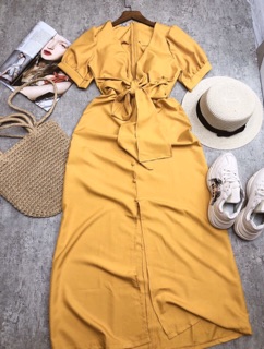 ĐẦM MAXI VÀNG CỘT NƠ NGỰC