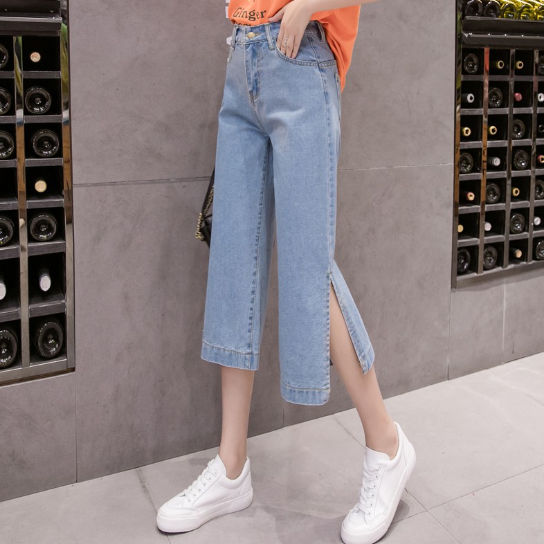 Quần Jeans Lửng Ống Rộng Xẻ Tà Độc Đáo Thời Trang Đơn Giản Dễ Phối Đồ Cho Nữ 25-32