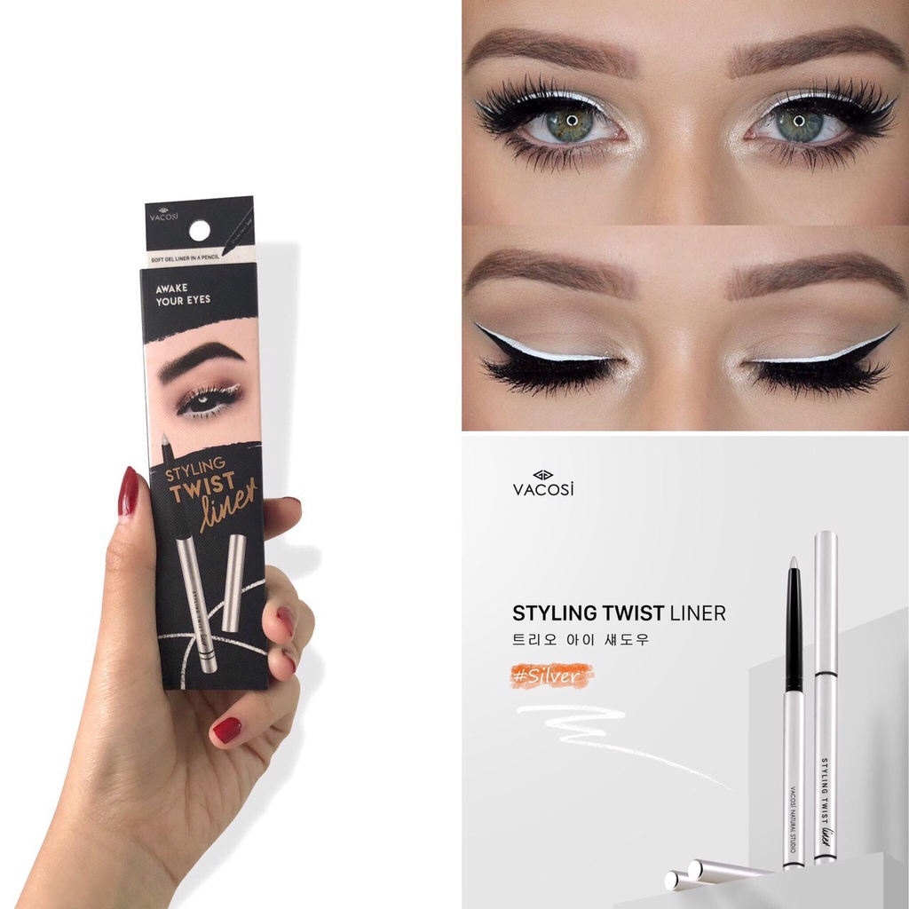 Chì Vặn Kẻ Mắt Dạng Sáp Màu Trắng Bạc Vacosi Silver Styling Twist Liner 5ml - Ánh Nhũ Thời Thượng