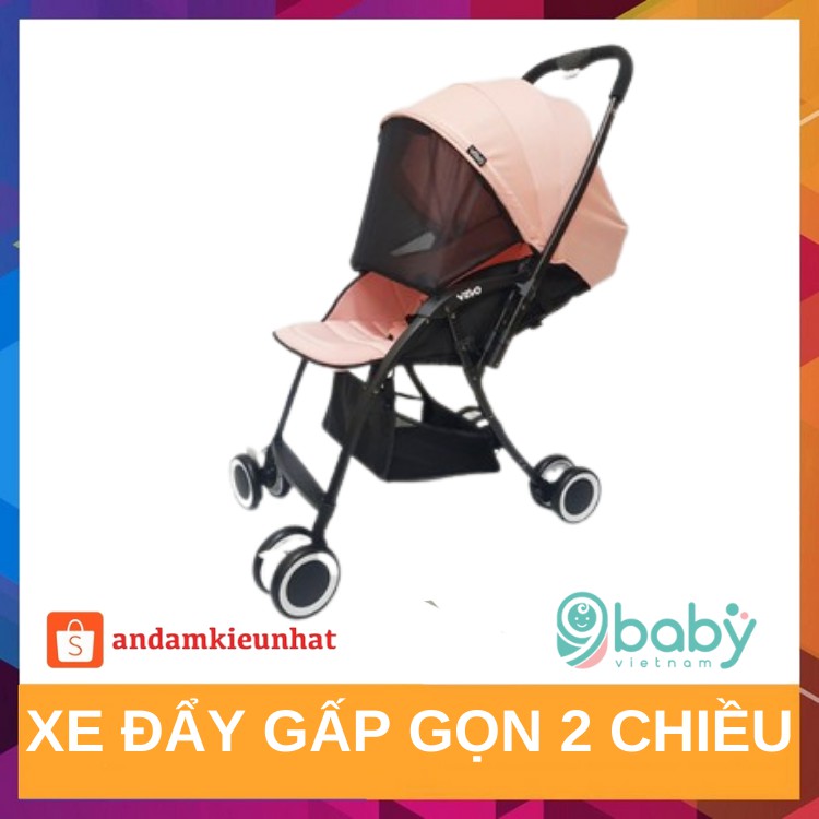 Xe đẩy gấp gọn 2 chiều 3 tư thế VOVO TRAVEL cho bé - Tặng kèm màn chống muỗi + chiếu điều hoà - HỒNG