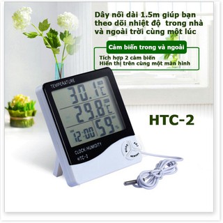 Nhiệt ẩm kế kiêm đồng hồ báo thức cảm biến nhiệt độ và độ ẩm HTC-2 với 2 cảm biến trong và ngoài