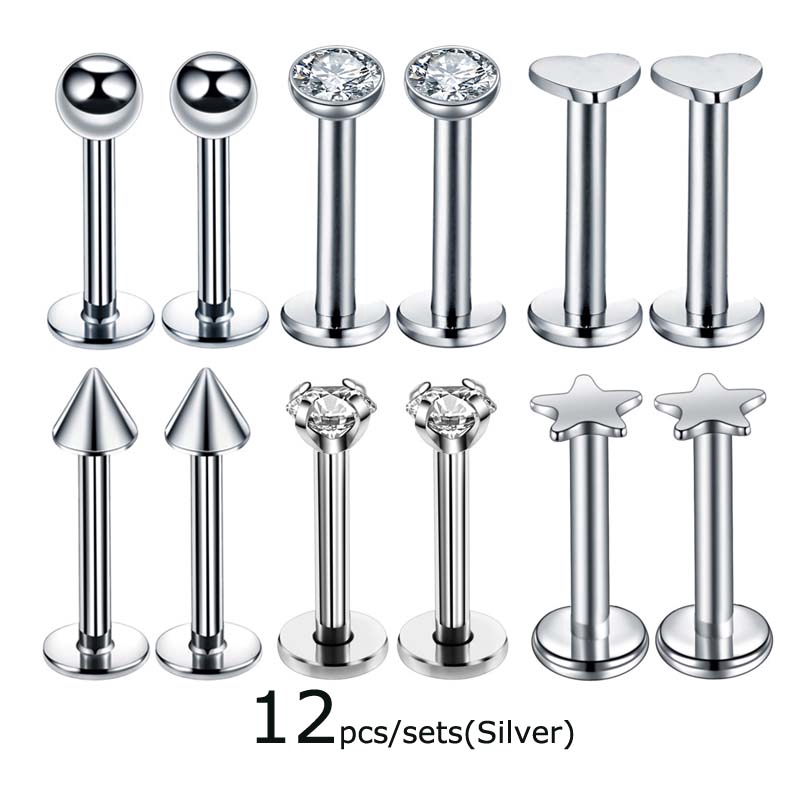 Bộ 12 khuyên môi đính đá độc đáo dài 8mm 15G