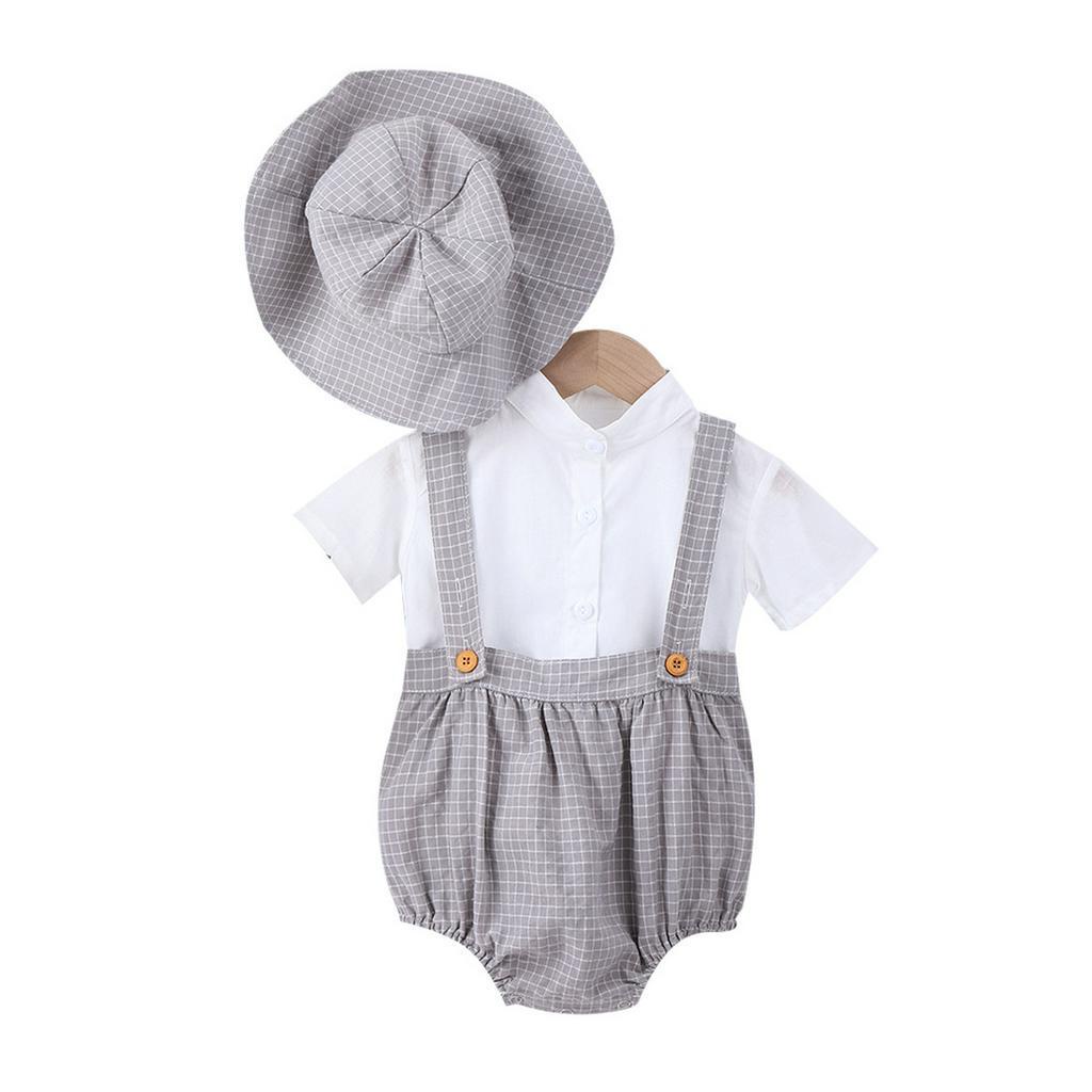 Bộ Áo Thun Cộc Tay + Quần Yếm Caro + Nón Cho Bé