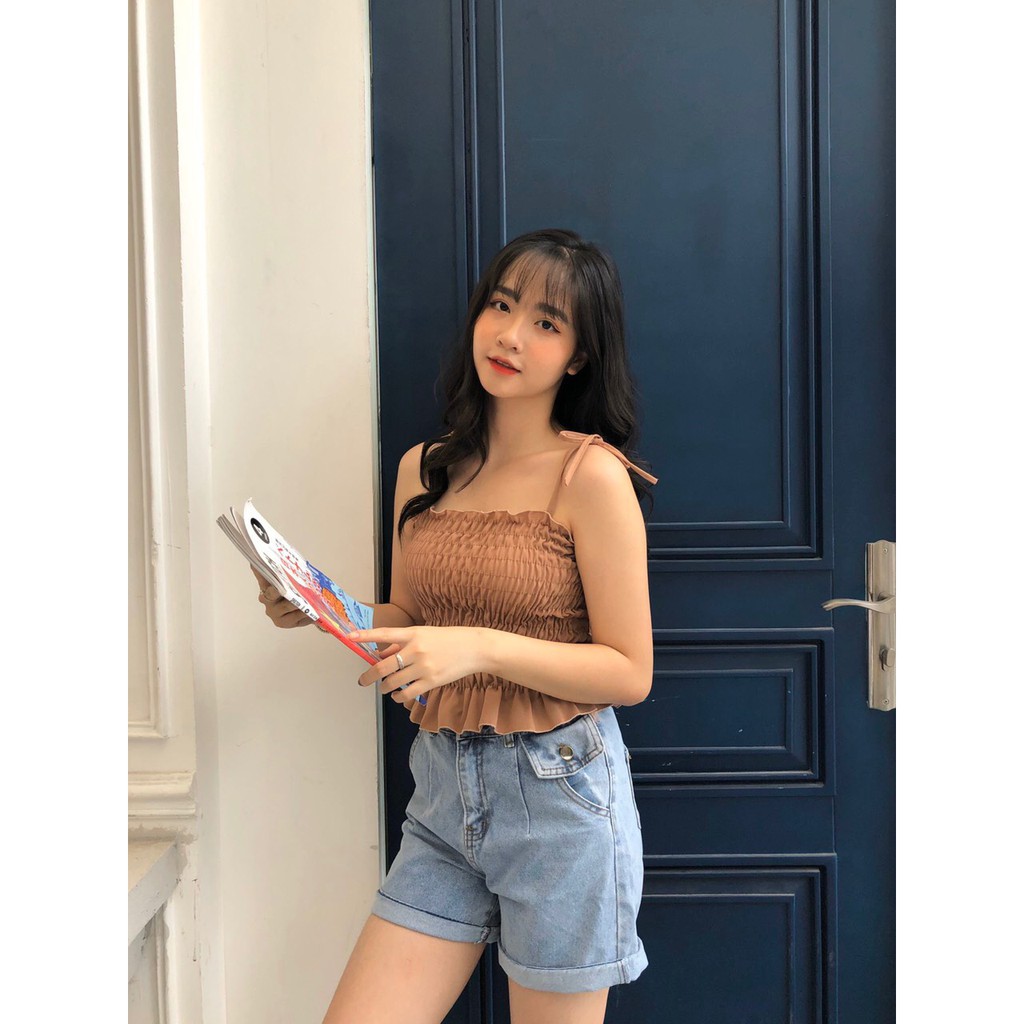 ÁO 2 DÂY NHÚN BÈO BUỘC NƠ ULZZANG ĐEN TRẮNG TÍM NÂU - ÁO CROPTOP HAI DÂY THẮT NƠ HOT