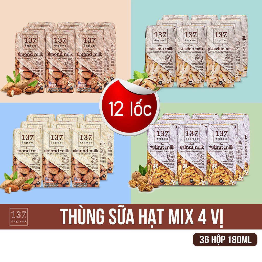 Sữa Hạt Dẻ Cười/Óc Chó/Hạnh Nhân Nguyên Chất Không Đường 137 Degrees 180ML (Lốc 3 Hộp)