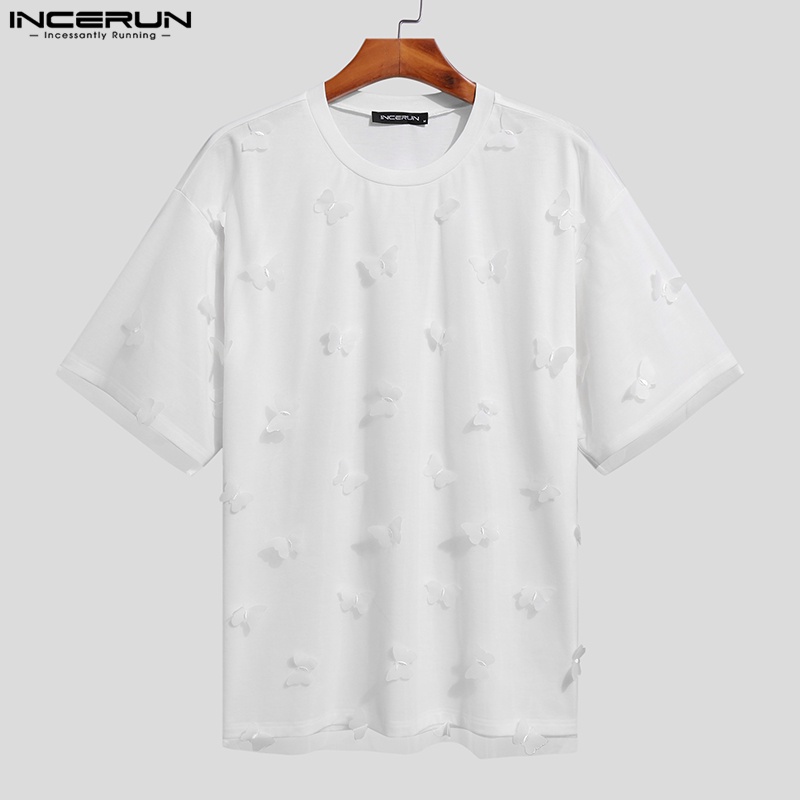 Áo thun INCERUN tay ngắn giả hai lớp màu trơn họa tiết bướm dành cho nam giới