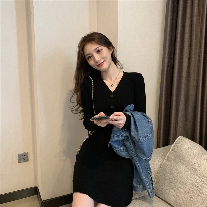 Đầm dệt kim ZHELIHANGFEI tay dài cổ chữ V thiết kế ôm sát tôn dáng cho nữ