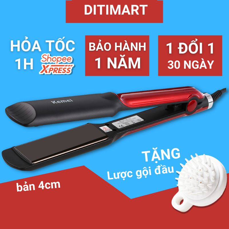 Máy duỗi tóc chỉnh 4 mức nhiệt nóng nhanh bản 4cm kèm lược gội đầu kemei KM531