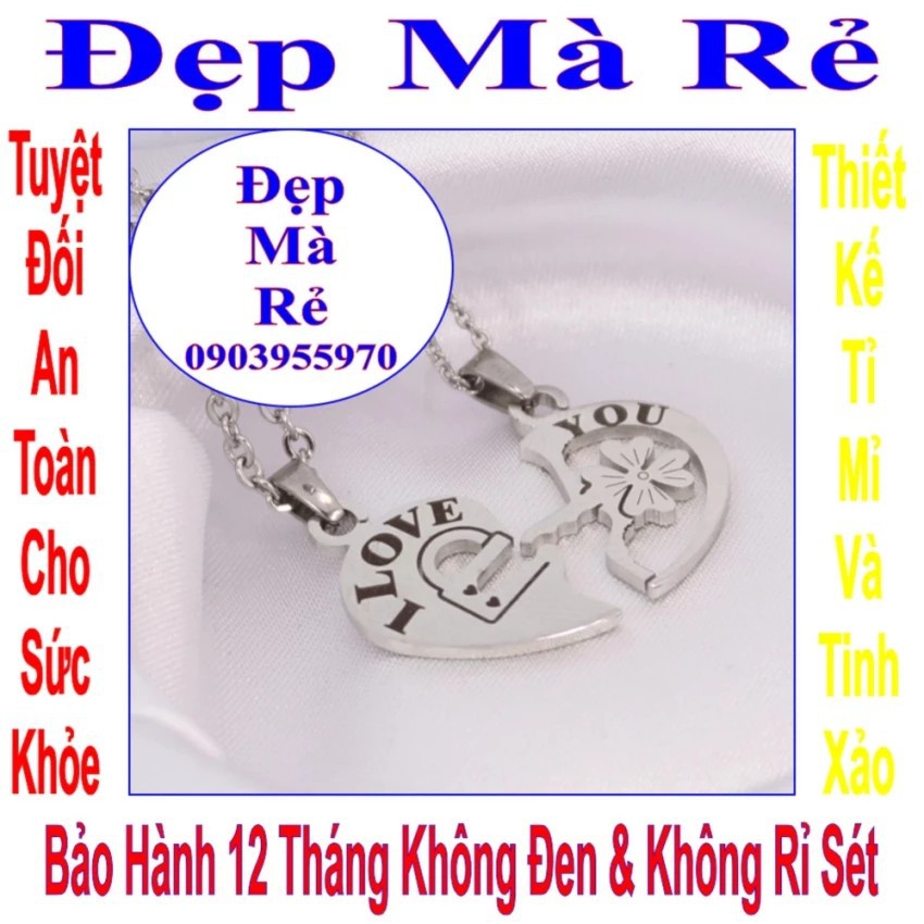 Dây chuyền cặp hình trái tim kết hợp cỏ bốn lá hình ổ khóa và chìa khóa tình yêu màu trắng (2 dây)