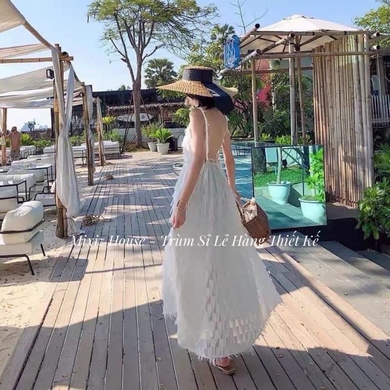 Đầm maxi lông vũ trắng