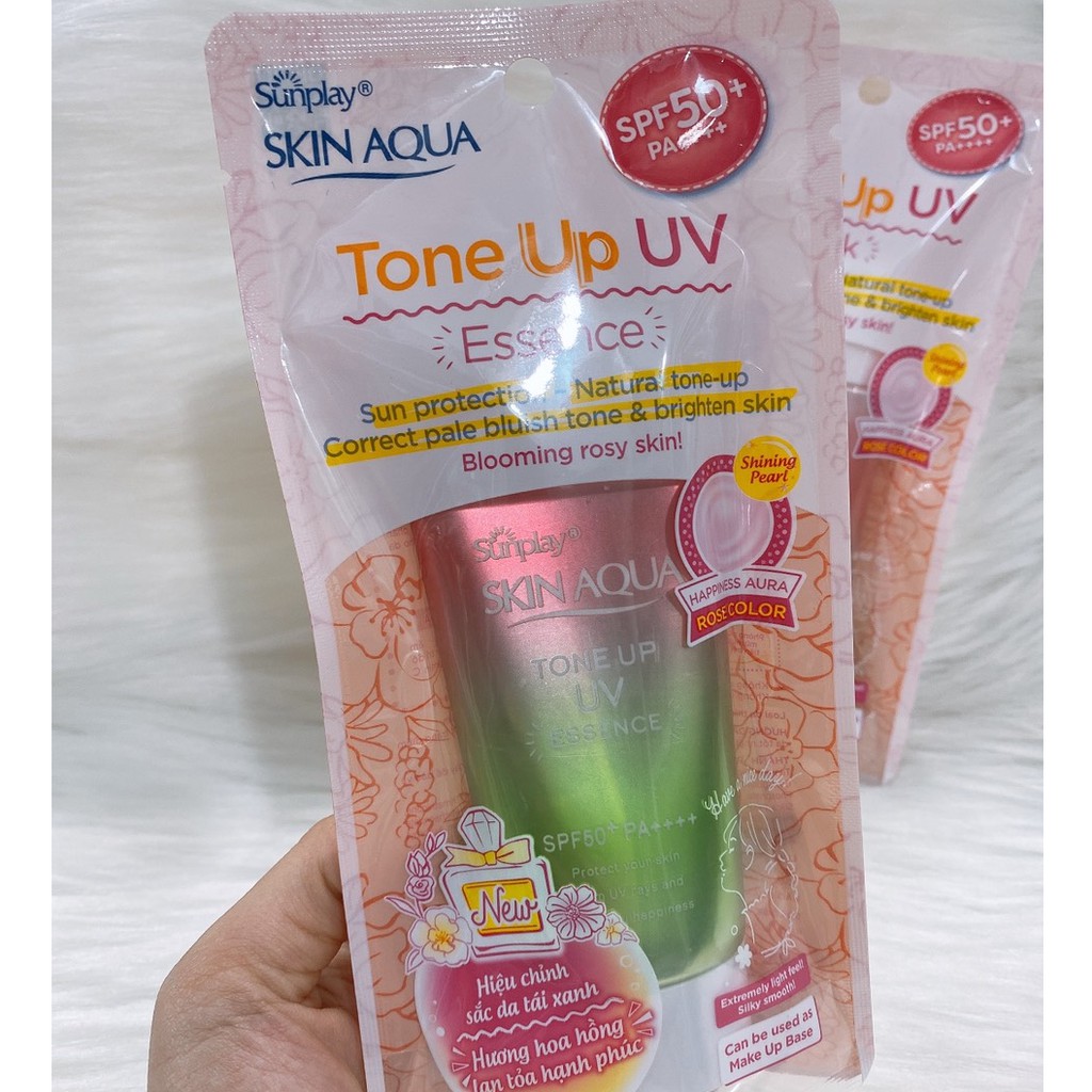 Tinh chất chống nắng nâng tông dành cho da khô/thường Sunplay Skin Aqua Tone Up UV Essence Happiness Aura (Rose)50g