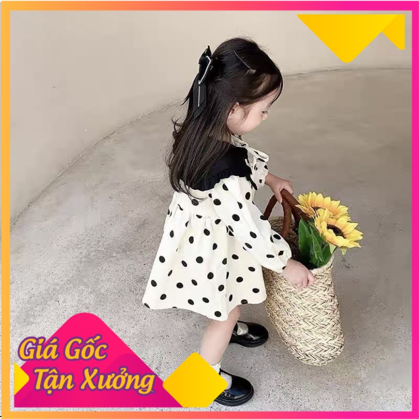 Váy tiểu thư bé gái 1-10 cổ bèo chấm bi, Đầm nhung cho bé chất liệu cao