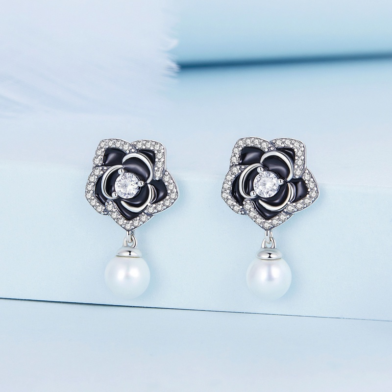 Bông tai BAMOER bằng bạc 925 hình hoa trà xinh xắn