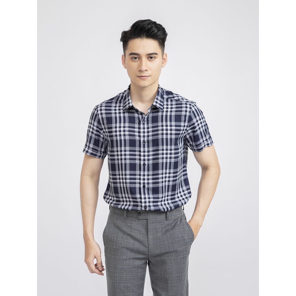 Áo Sơ Mi Nam Ngắn Tay ARISTINO ASS177S1 Somi Công Sở Cao Cấp Màu Xanh Tím Than Kẻ Trắng Sợi Sồi Mềm Mát Dáng Ôm Tà Lượn