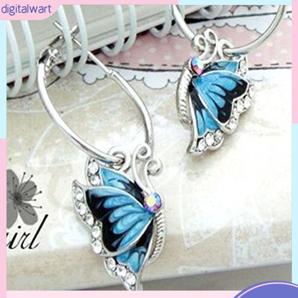 Đôi khuyên tai tròn thiết kế hình bướm đính đá pha lê nhân tạo xanh dương sang trọng cá tính dành cho nữ