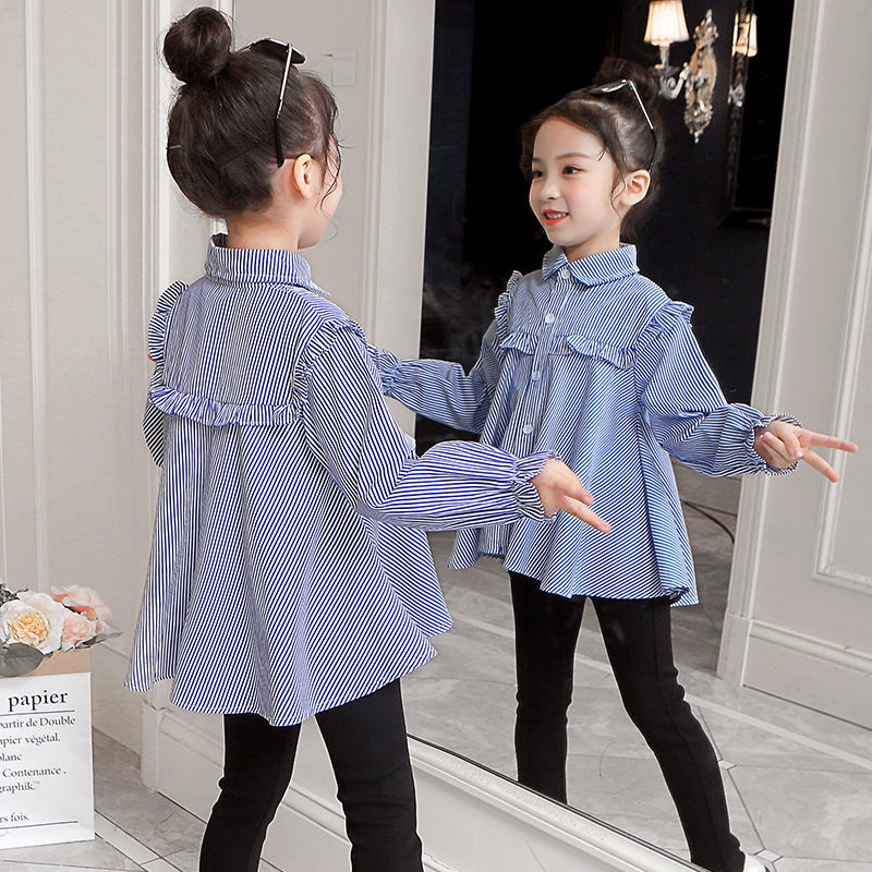 Áo Sơ Mi Kẻ Sọc Viền Bèo Phong Cách Hàn Quốc Thời Trang Mùa Xuân Mới 2022 Cho Bé Gái