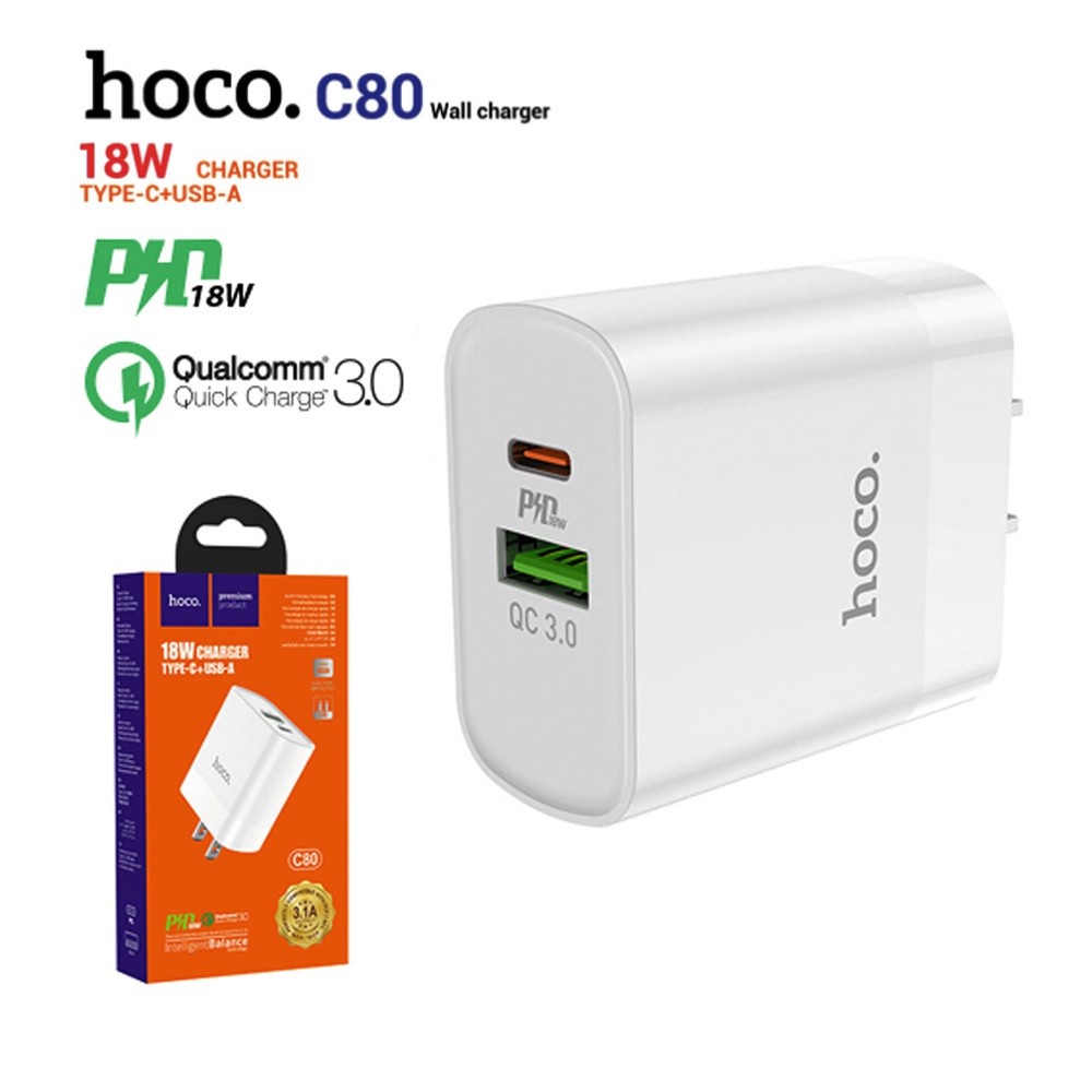 Bộ Củ Sạc Hoco C80 - Hỗ trợ sạc nhanh QC3.0, 2 Cổng Sạc - Hàng Chính Hãng