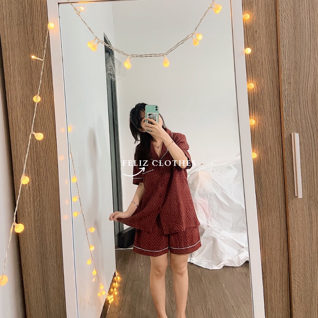 Pyjama xô muslin hoa nhí màu đỏ mận cực đáng yêu