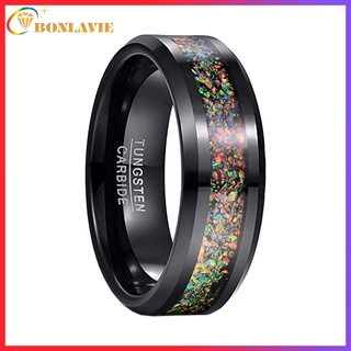 Nhẫn vonfram khảm Opal BONLAVIE Nhẫn cưới màu đen dành cho nam giới Phụ nữ thoải mái Kích thước 5-12