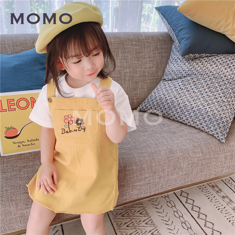 Đầm Yếm Chất Liệu Vải Cotton Có Thêu Hoạ Tiết Hoa Cho Bé 1-8 Tuổi