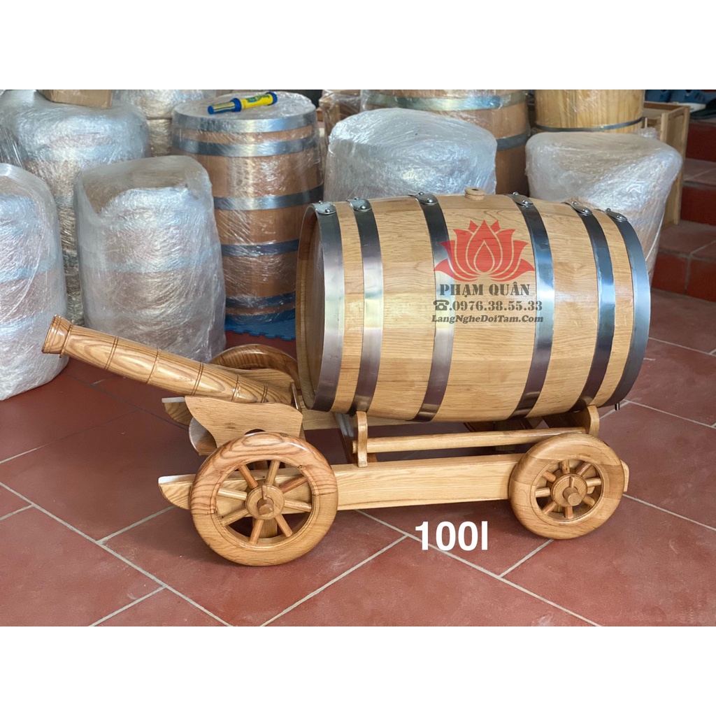 thùng rươu gỗ sồi 100l kèm xe kéo phao gỗ sồi, thùng ngâm ruou