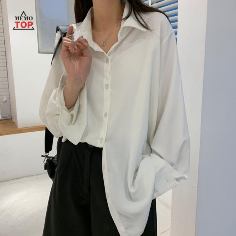 Áo sơ mi form rộng nam nữ OVERSIZE dài tay Hàn Quốc Trắng và Đen chất lụa đẹp Memotop ་