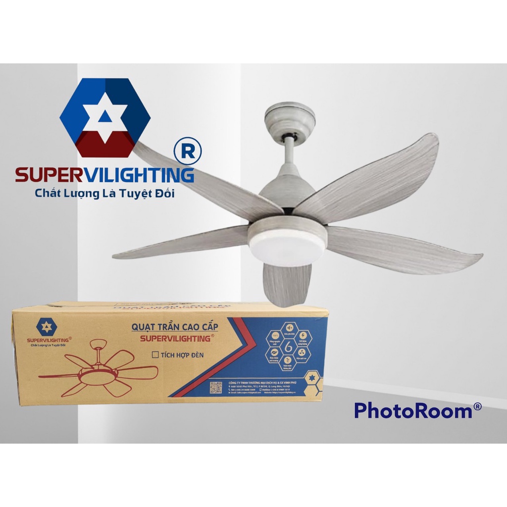 Quạt trần đèn s021 SuperVilighting, Động cơ DC37W, sải cánh 1,17m và 1,32m, số cánh 05, Bảo hành động cơ 48 tháng