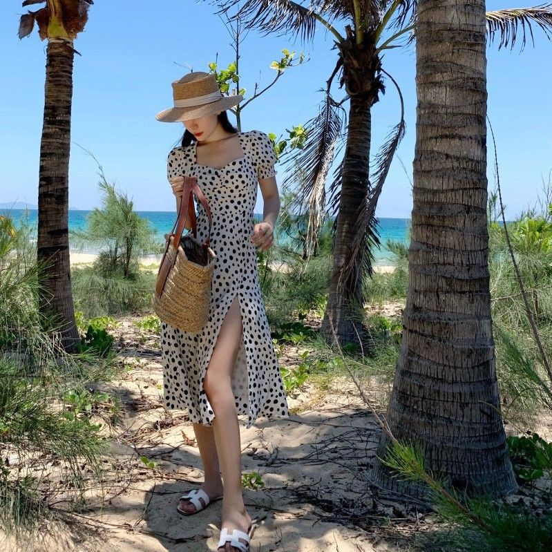 Đầm Dài Cổ Chữ U Họa Tiết Chấm Bi Xẻ Tà Thời Trang Cho Nữ A flower dress | BigBuy360 - bigbuy360.vn