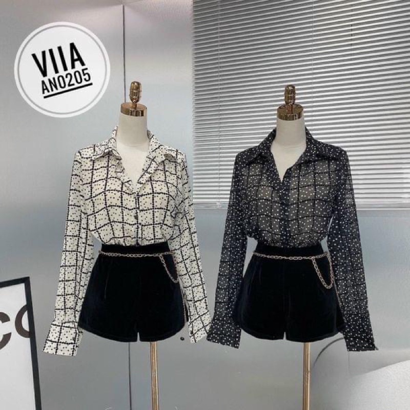 Sơ mi hoạ tiết kẻ ô tim chanh sả AN0205 VIIA DESIGN
