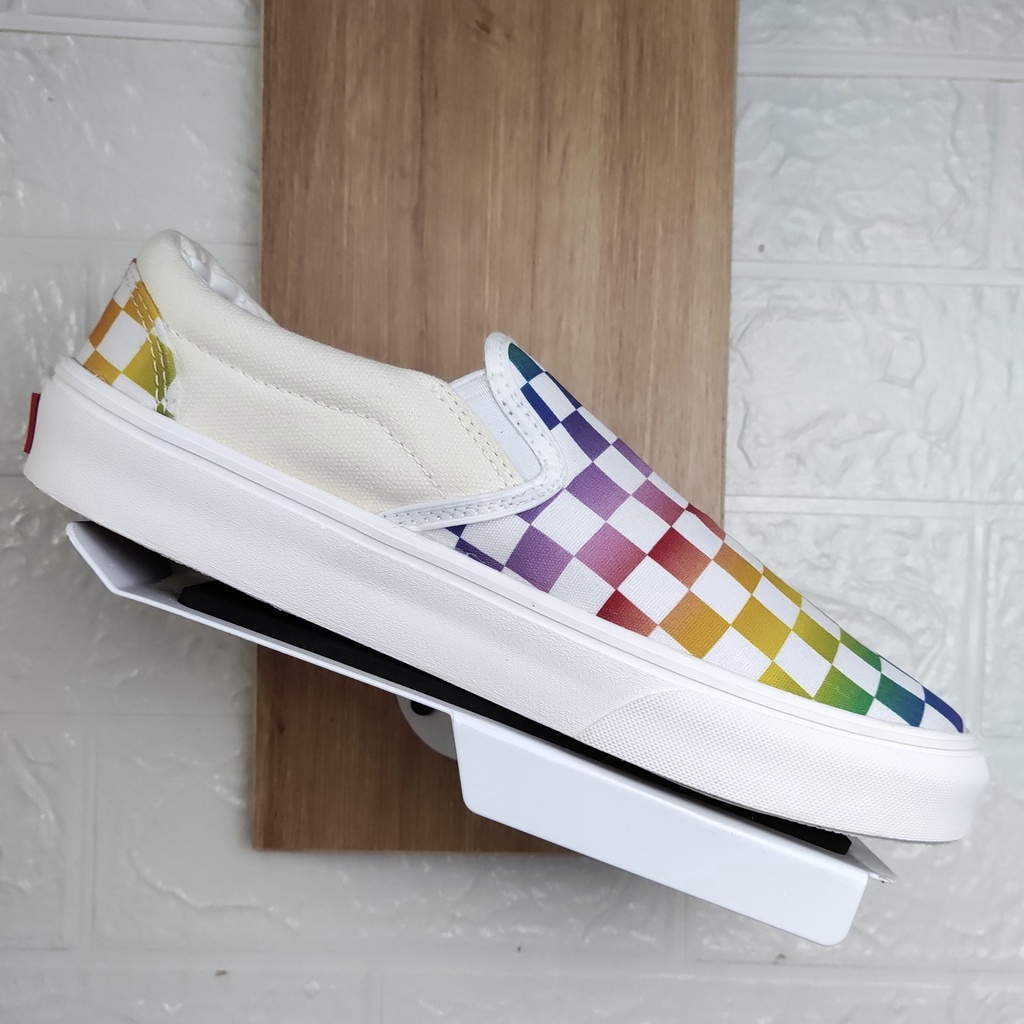 Giày Thể Thao Van Lười Caro Bảy Sắc Cầu Vồng, Slipon Bảy Màu Nam Nữ Fullbox