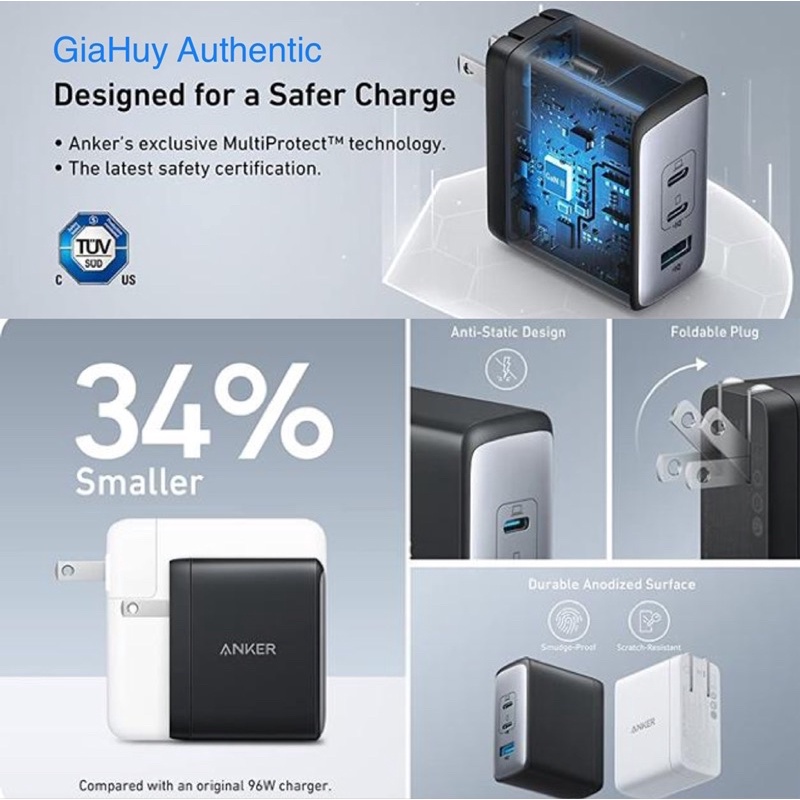 Củ sạc nhanh Laptop táo Pro, lP14 SERlES, S22, S21, Note 20 Ultra 5G ANKER A2145 GaN II 100W PPS/ PD 100W