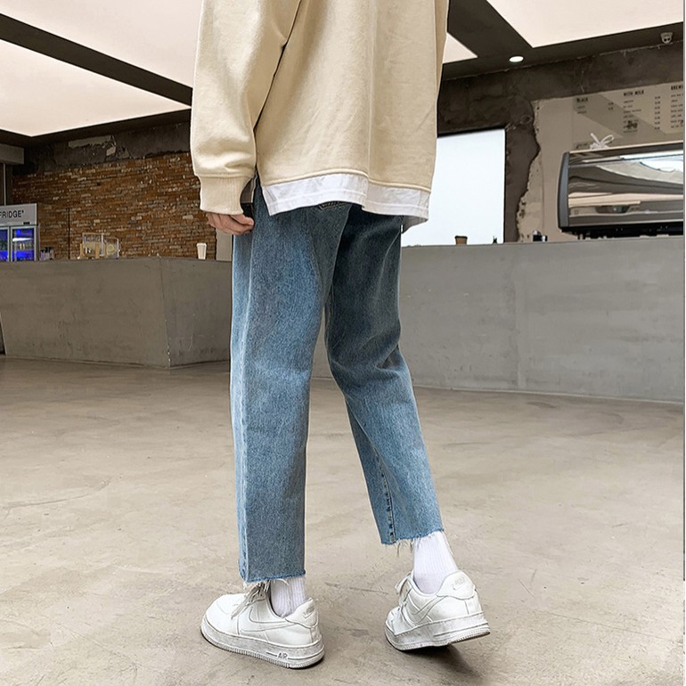 [Tiền Nào Của Đấy]Quần Jean Baggy Nam Ống Rộng Rách Gấu Màu Xanh Đậm Unisex Vải Không Phai Màu-B03