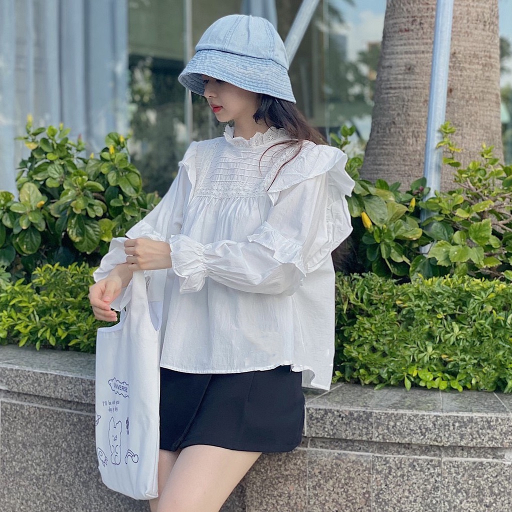 Áo sơ mi kiểu nữ, Áo sơ mi kẻ ly ngang viền bèo phong cách tiểu thư Ulzzang