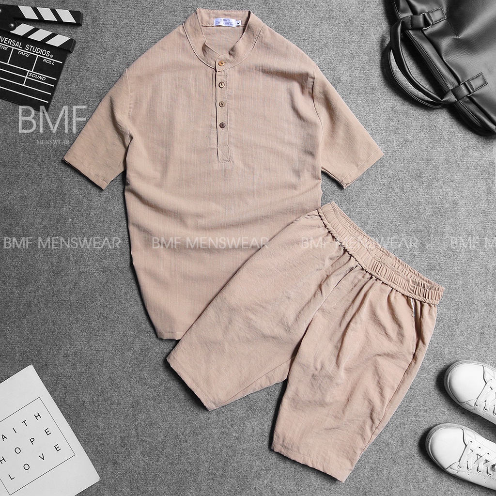 Bộ quần áo đũi nam cổ tàu cao cấp thiết kế trẻ trung lịch lãm chất đũi thoáng mát mềm mại BMF