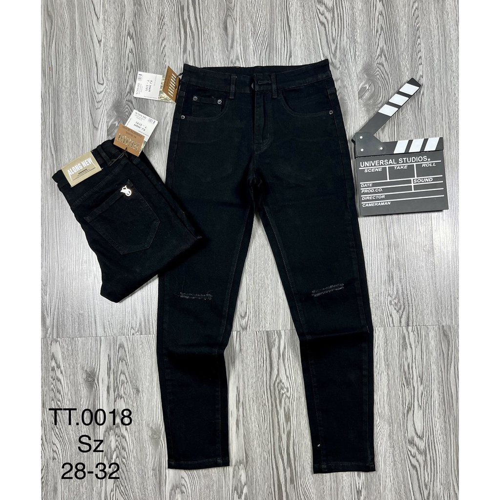 Quần Jean nam đen trơn/rách gối dáng slimfit co dãn