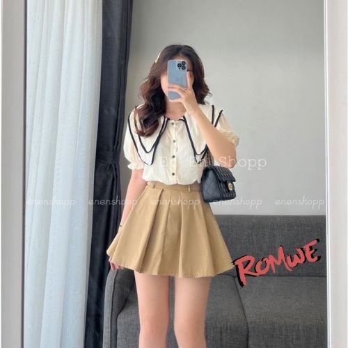 Set 2 món dành cho nữ áo sơ mi cộc tay bánh bèo cổ nhọn mix chân váy xòe dáng ngắn xếp ly ulzzang ROMWE