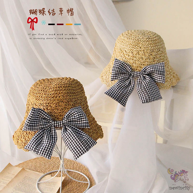 Mũ Cói Thắt Nơ Kẻ Sọc Caro Đáng Yêu Cho Bé Gái