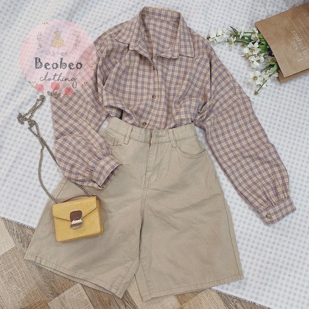 Áo sơ mi oversize sọc caro 4 màu pastel tay phồng