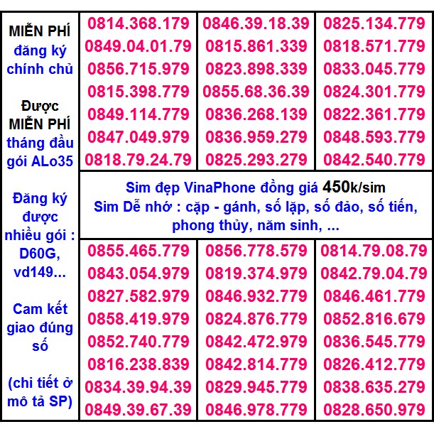 Sim Vina số đẹp 450k Hỗ Trợ ĐK chính chủ Miễn phí gói ALO35 tháng đầu, ĐK được gói VD149-D60G...(xem chi tiết SP)