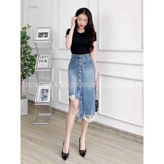 CHÂN VÁY JEANS RÁCH PHỐI NÚT