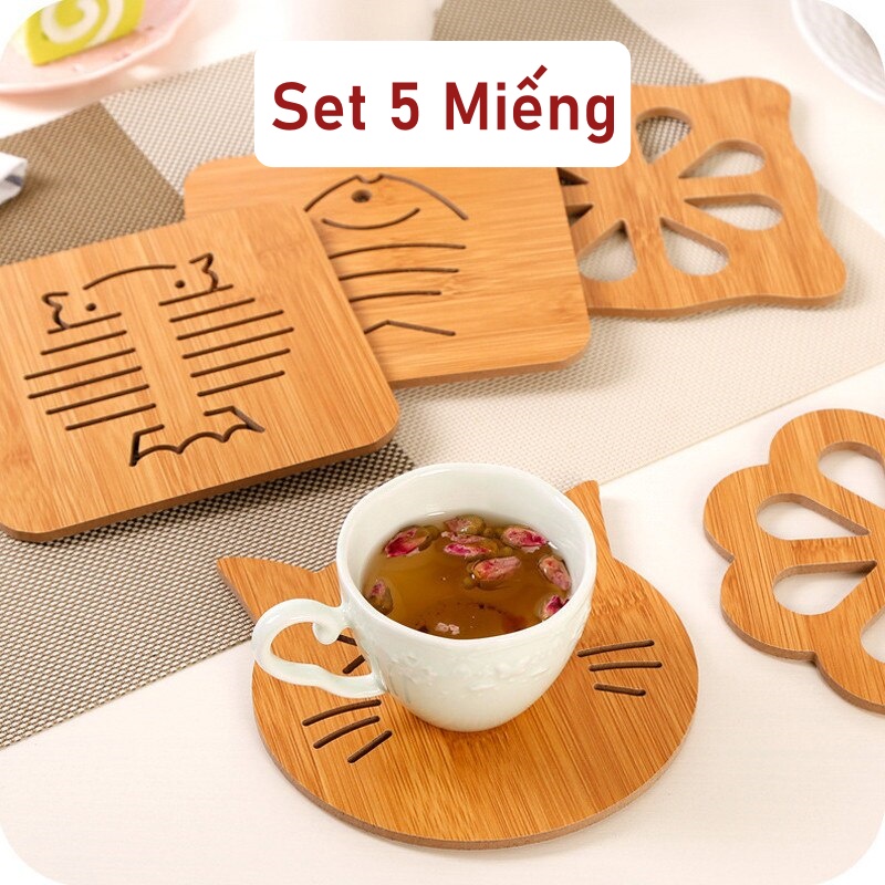 Miếng lót ly bằng gỗ Set 5 Cái - Miếng lót cốc, chén, nồi bằng gỗ cách nhiệt nhiều hình Decor đẹp mắt